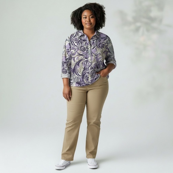 Chico's Denim - Chico's Purple & Beige 100% Cotton Long Sleeve Button Blouse Women’s XL